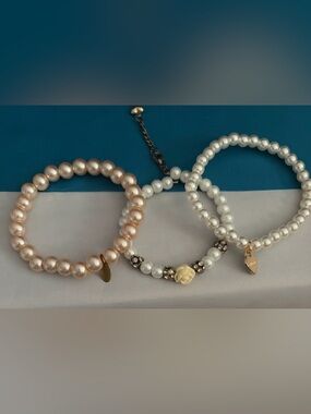 Three Pearl Bead Bracelet Set with Cream Rose Accent